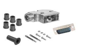 DB15 Solder Male Connector complete bundle DIY Kit includes connector, 90-degree angle shielded metal hood, strain relief grommets and screws.