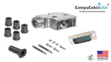DB15 Solder Male Connector complete bundle DIY Kit includes connector, 90-degree angle shielded metal hood, strain relief grommets and screws.