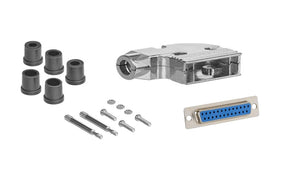 DB25 Solder Female Connector complete bundle DIY Kit includes connector, 90-degree angle shielded metal hood, strain relief grommets and screws.