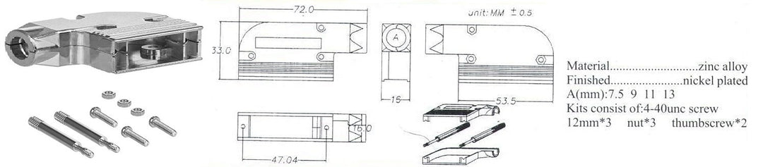 DB25 shielded metal elbow hood spec. drawing