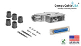 DB25 Solder Female Connector complete bundle DIY Kit includes connector, 90-degree angle shielded metal hood, strain relief grommets and screws.