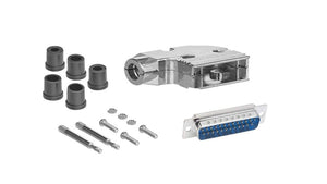 DB25 Solder Male Connector complete bundle DIY Kit includes connector, 90-degree angle shielded metal hood, strain relief grommets and screws.