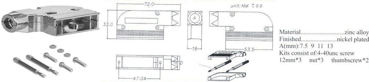 DB25 male solder type shielded metal elbow hood spec. drawing