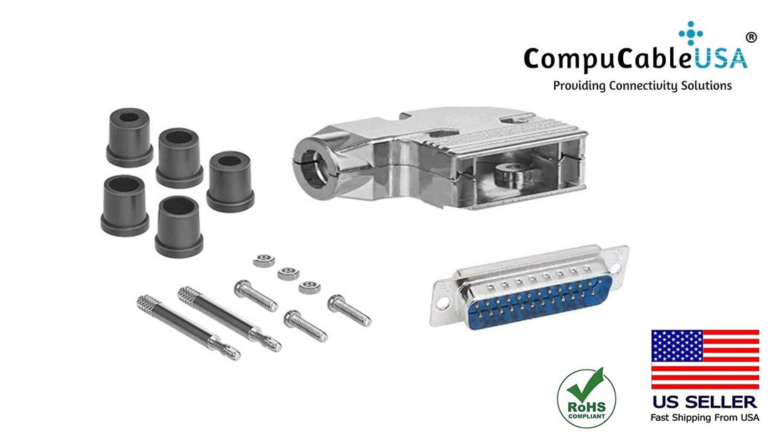 DB25 Solder Male Connector complete bundle DIY Kit includes connector, 90-degree angle shielded metal hood, strain relief grommets and screws.