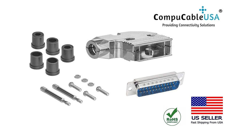 DB25 Solder Male Connector complete bundle DIY Kit includes connector, 90-degree angle shielded metal hood, strain relief grommets and screws.