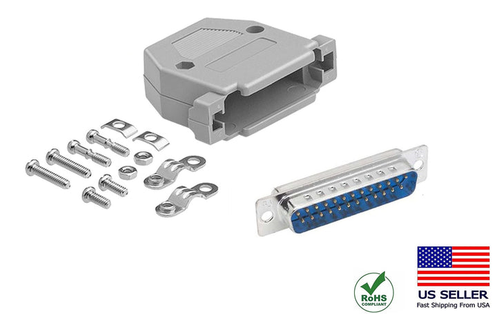 DB25 Solder Male Connector complete bundle DIY Kit includes connector, plastic hood and screws.