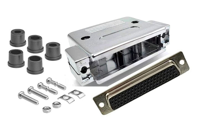 DB50 Female Solder connector, Metallic Paint Plastic Hood, Strain Relief Grommets, and Screws.