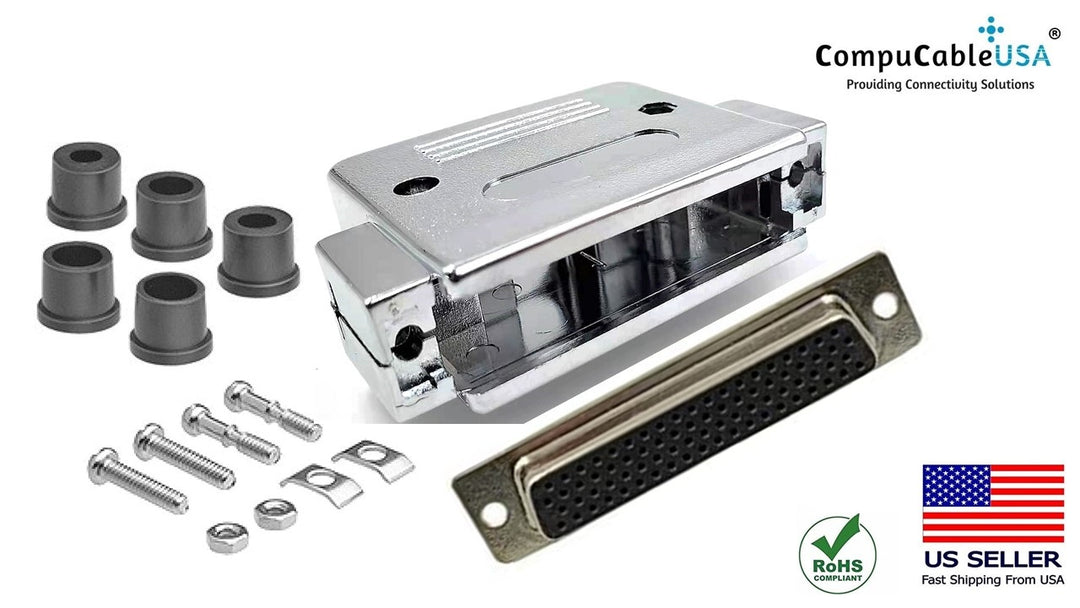 DB50 Female Solder connector, Metallic Paint Plastic Hood, Strain Relief Grommets, and Screws.