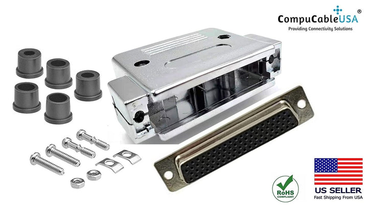 DB50 Female Solder connector, Metallic Paint Plastic Hood, Strain Relief Grommets, and Screws.