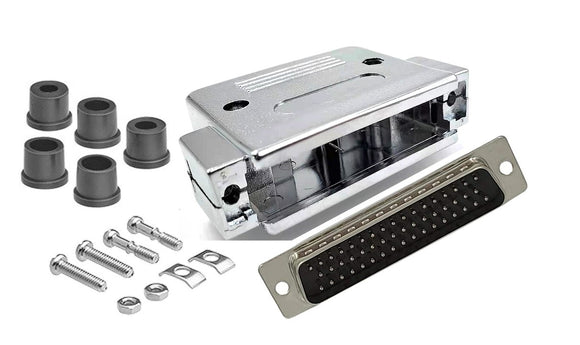 DB50 Male Solder connector, Metallic Paint PVC Plastic Hood, Strain Relief Grommets, and Screws.