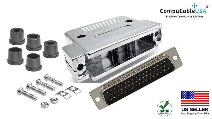 DB50 Male Solder connector, Metallic Paint PVC Plastic Hood, Strain Relief Grommets, and Screws.