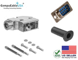 DB9 Solder Male Connector complete bundle DIY Kit includes connector, 90-degree angle shielded metal hood, strain relief grommet and screws.